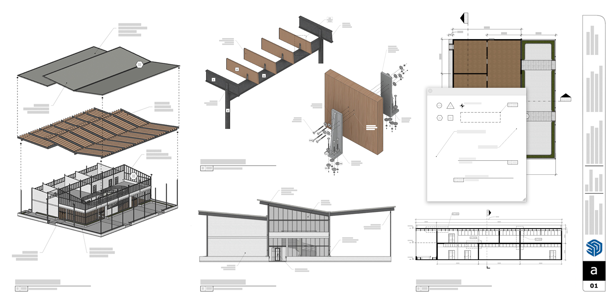 Architectural presentation board showing technical drawings and diagrams, including an exploded building model, structural component details, floor plans, elevations, and sectional drawings