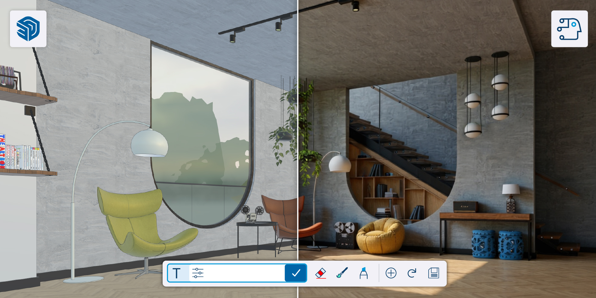 Split-screen view of a modern living room showing a CAD interior design model on the left and a photorealistic rendered version of the same space on the right