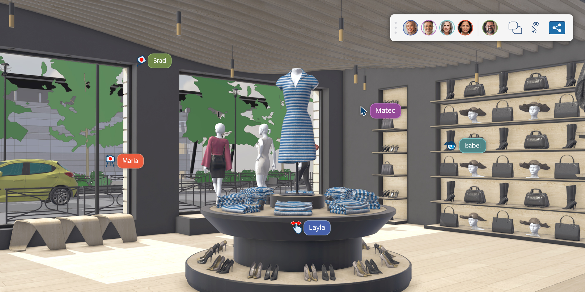 3D visualisation of a fashion retail store interior showing mannequins displaying clothing on a central circular display table, shelves of handbags and shoes along the wall