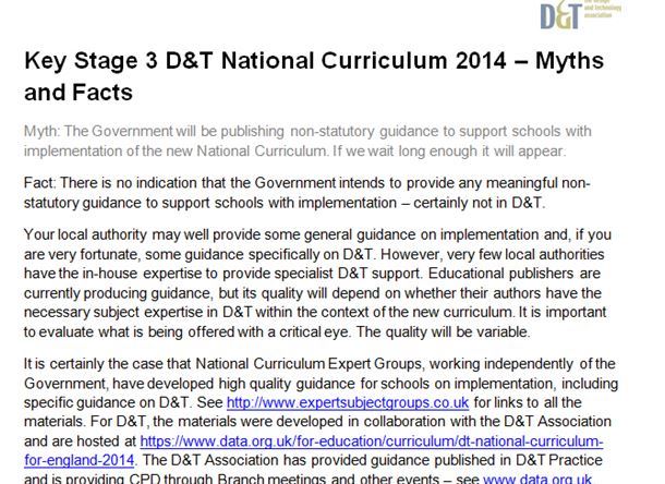 Key Stage 3  D&T National Curriculum 2014 – Myths and Facts