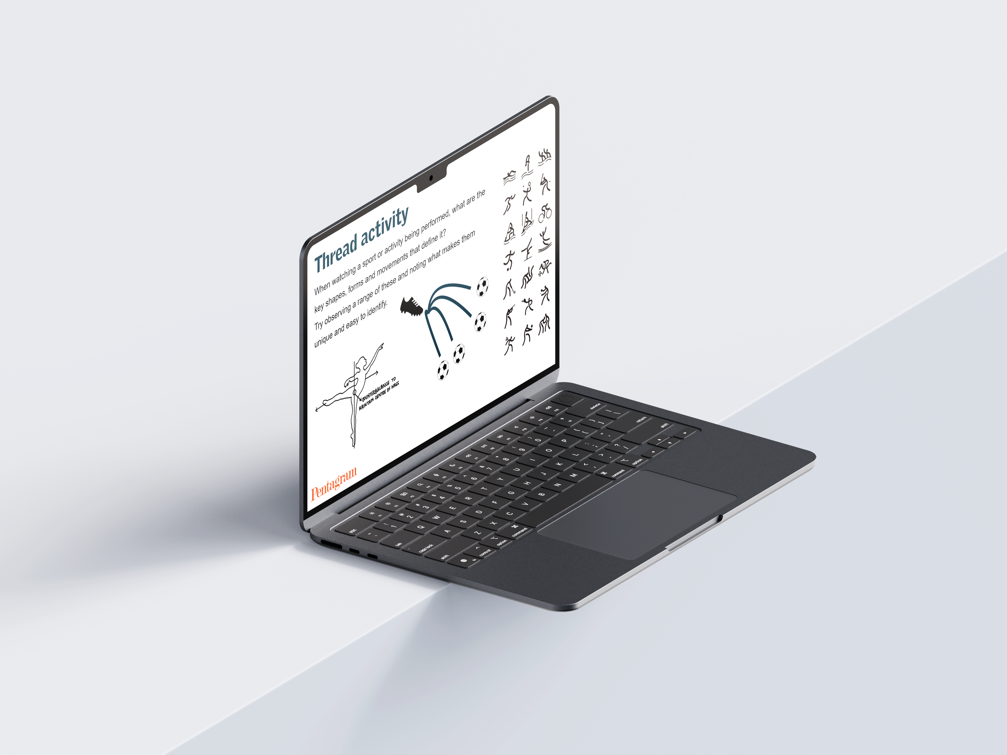 Laptop displaying an Inspired by Industry learning slide showing a design activity focused on movement, pattern and observation in sport.