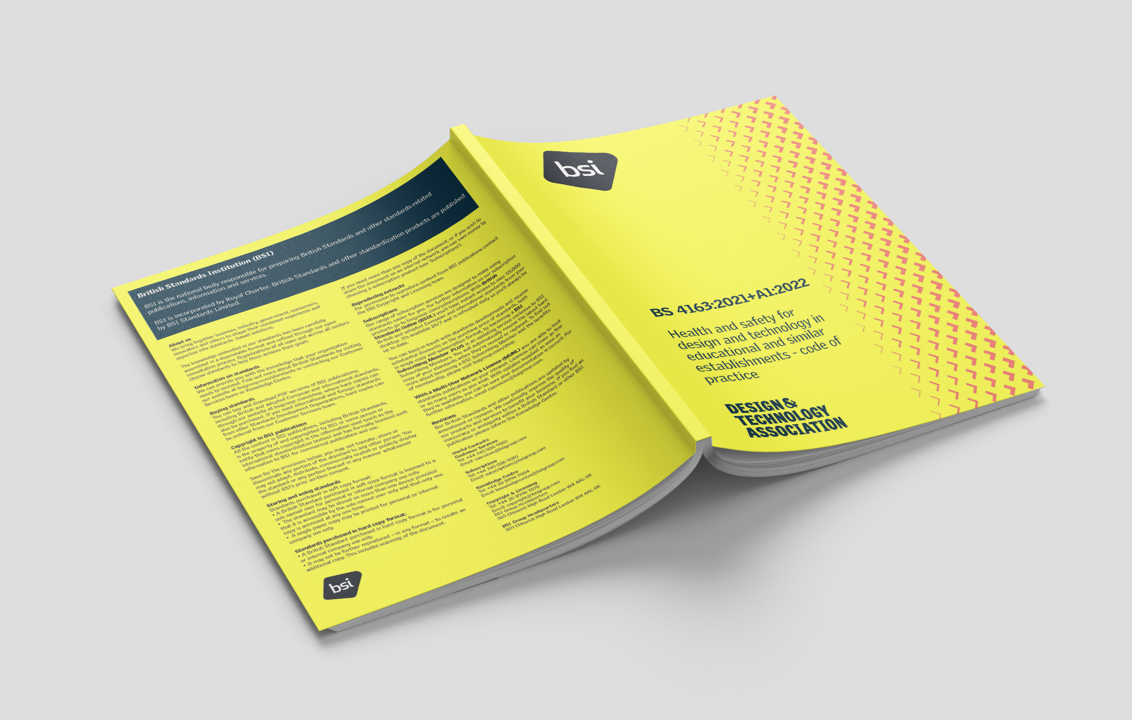Open printed guide showing the BS 4163:2021+A1:2022 health and safety code of practice for Design and Technology educational establishments.