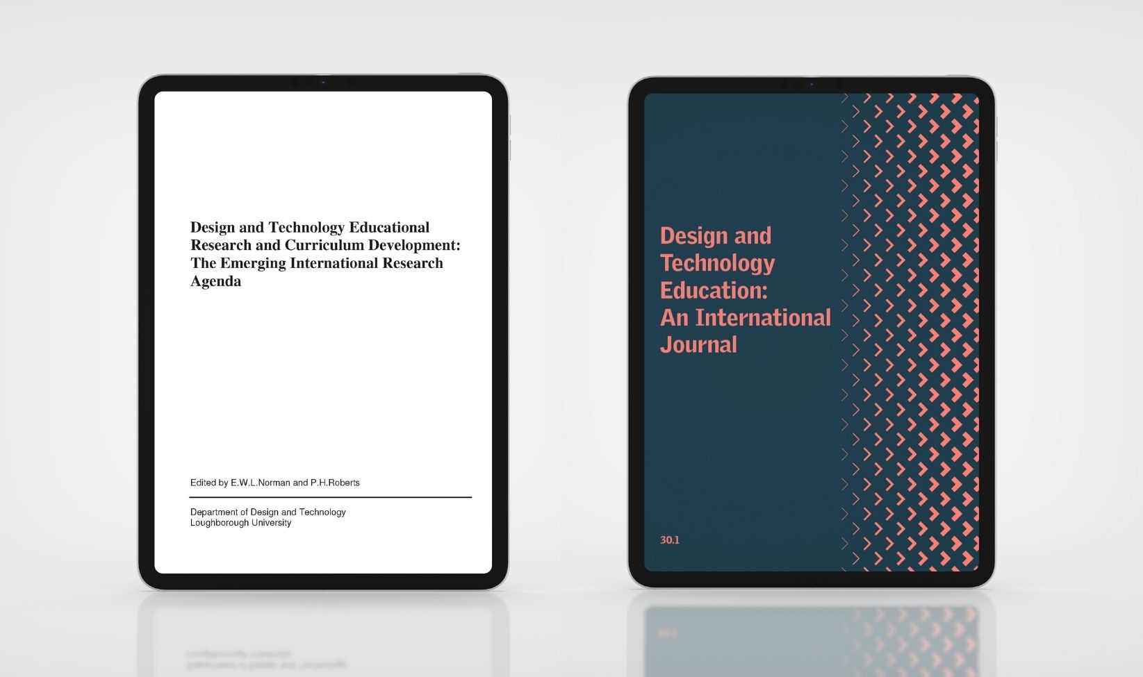 Two tablet screens displaying Design and Technology education research publications, including “Design and Technology Education: An International Journal”.