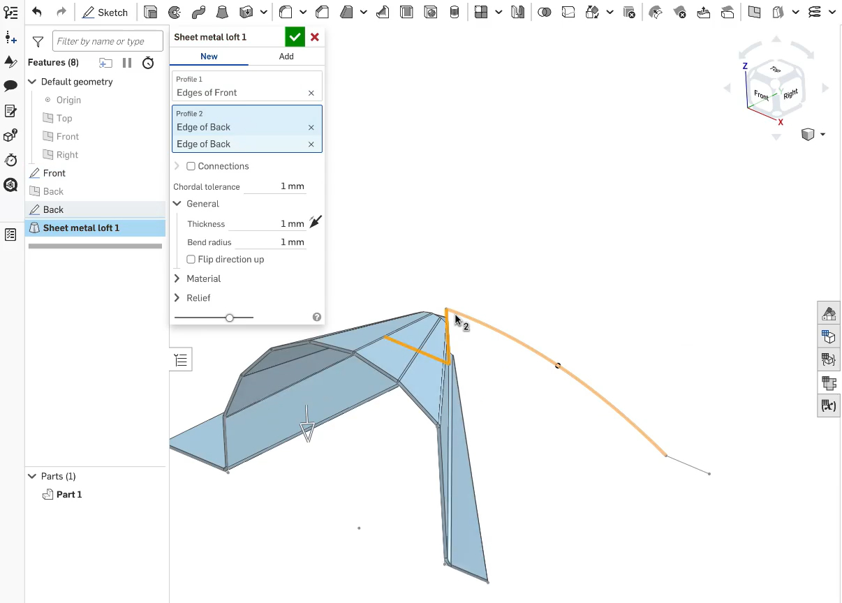 A CAD workspace showing a sheet metal loft feature being created, with profiles, bend radius and thickness settings visible.