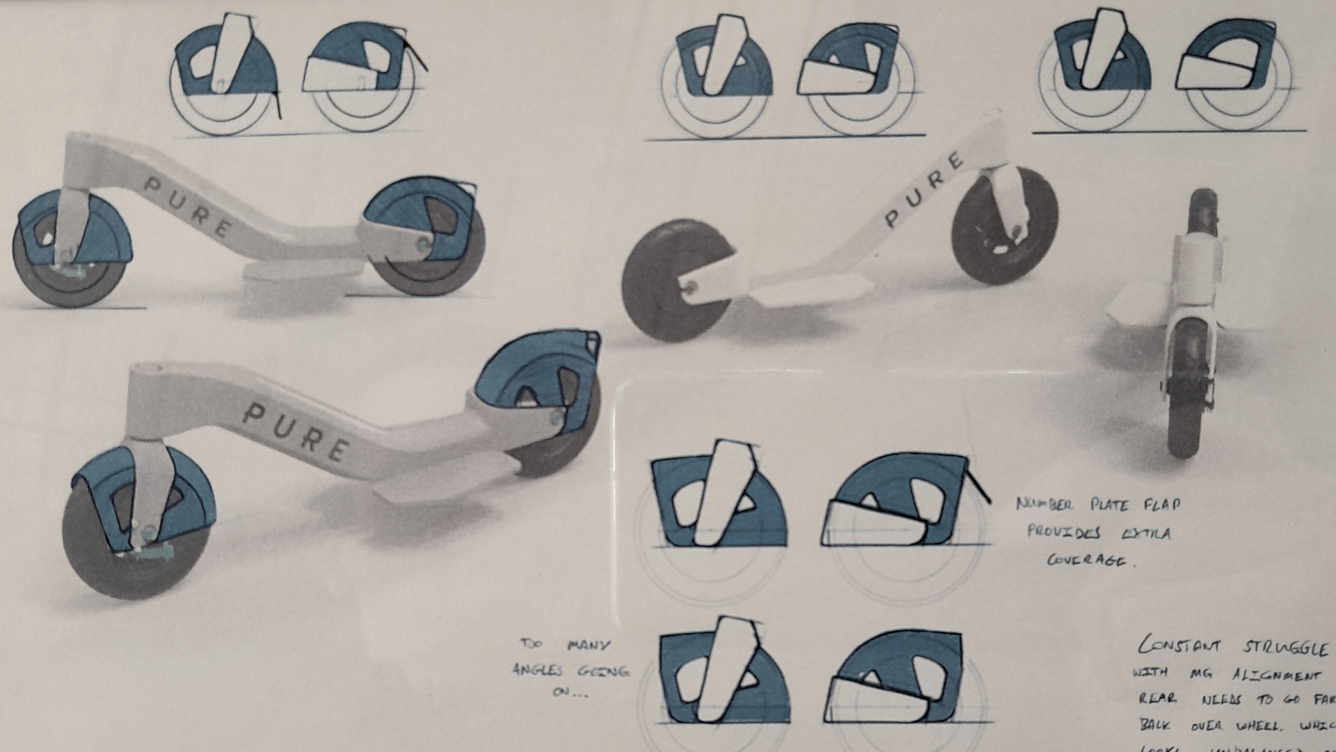 Concept sketches and renderings of a Pure Electric scooter design, showing side, front, and rear views, wheel guard development, and iterative design variations with annotations.