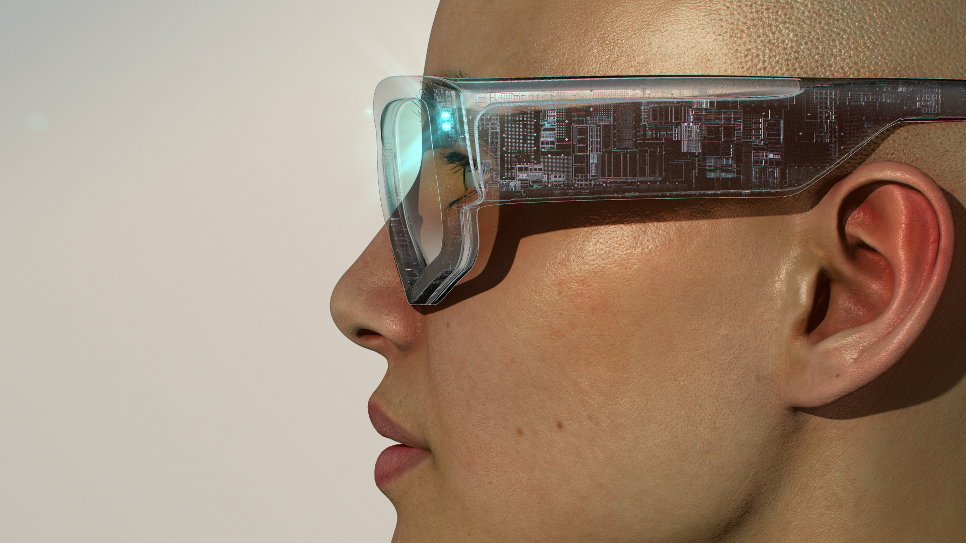 Person wearing transparent smart glasses with integrated electronic components, illustrating wearable technology for data display and user interaction.