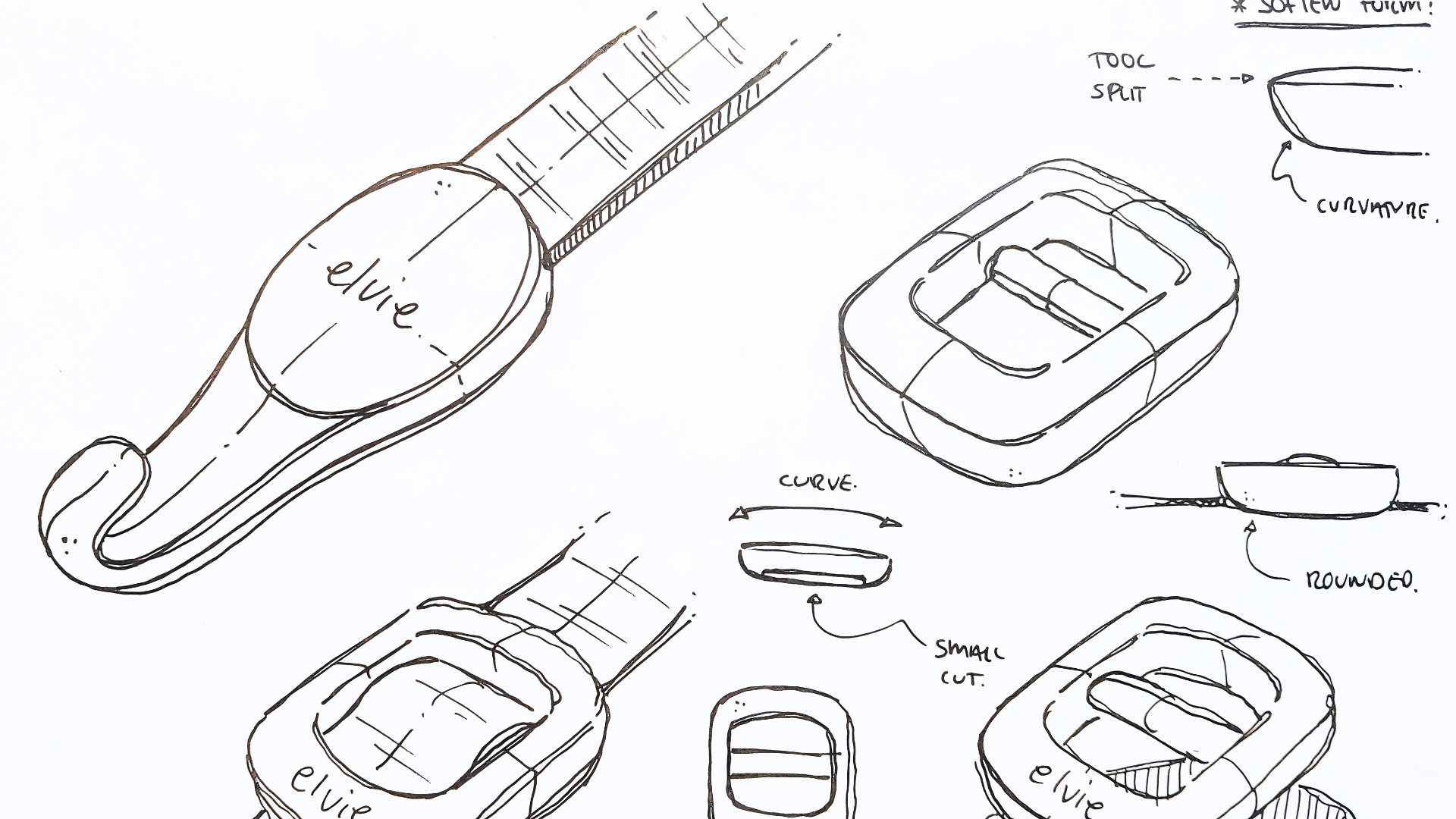 Annotated design sketches showing concept development for an Elvie-inspired product designed to support new mothers, exploring form, ergonomics and component layout.
