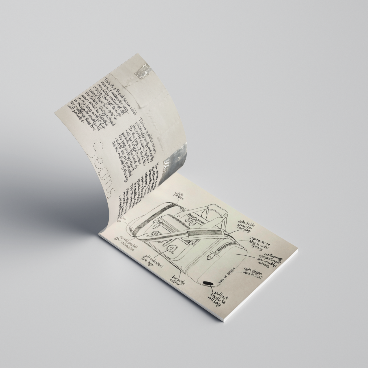Sketchbook page featuring a hand-drawn and annotated design of a sports bag concept