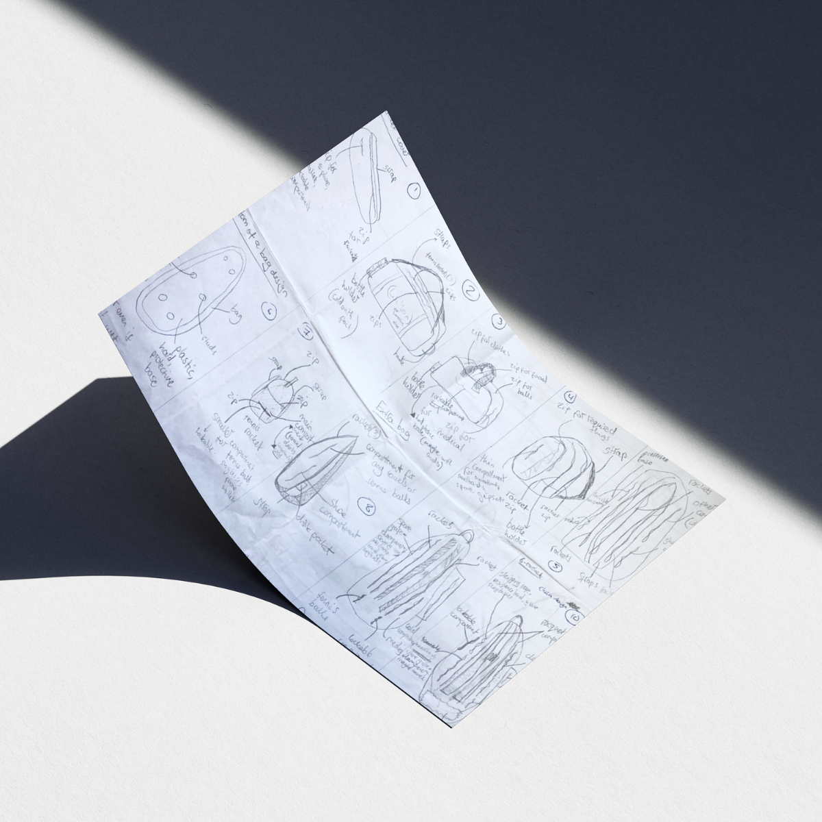 Sketchbook page featuring a hand-drawn and annotated design of a sports bag concept