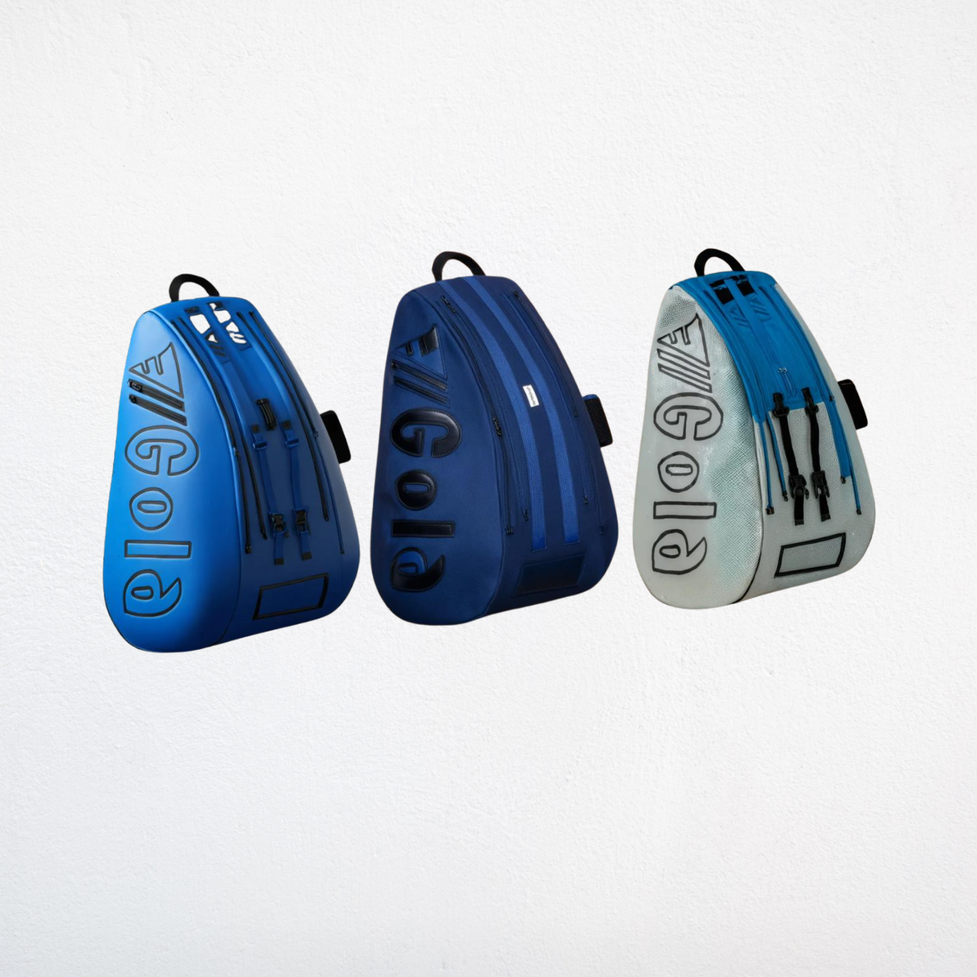 Three modern sports bags in different colours showcasing final design concepts inspired by student ideas