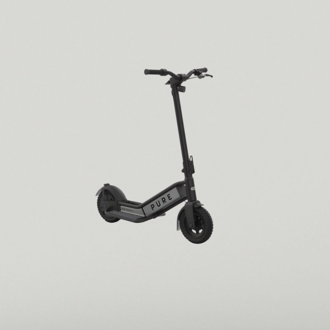 Black Pure Electric e-scooter shown in side view, used as a design context for student product development in sustainable travel