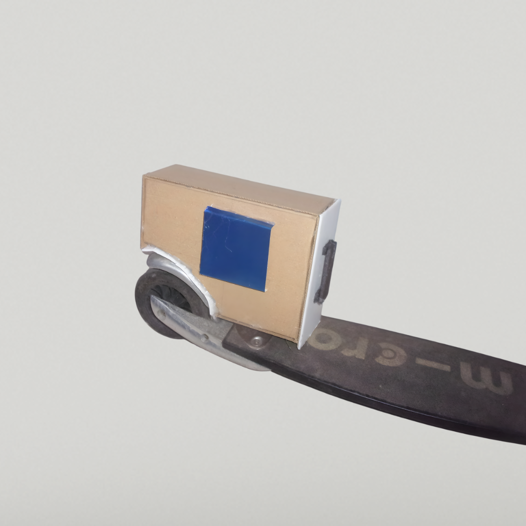 Student e-scooter cargo carrier prototype exploring storage design