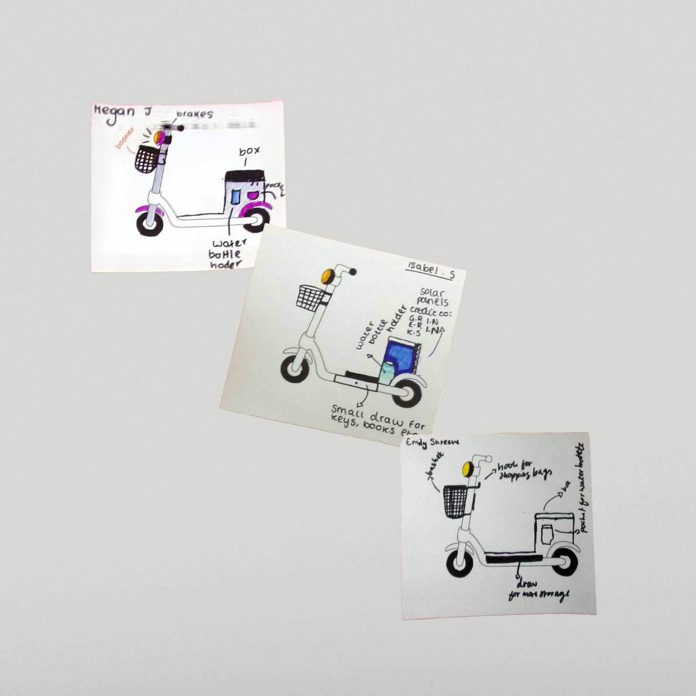 Hand-drawn student sketches of e-scooters with added cargo boxes, baskets and storage features, including labelled design ideas