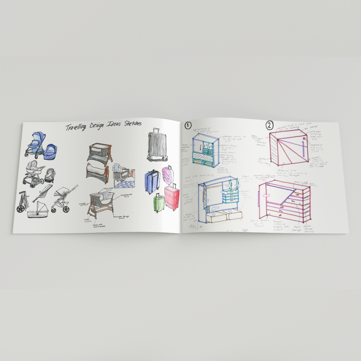 Student design portfolio showing baby product and storage concept development
