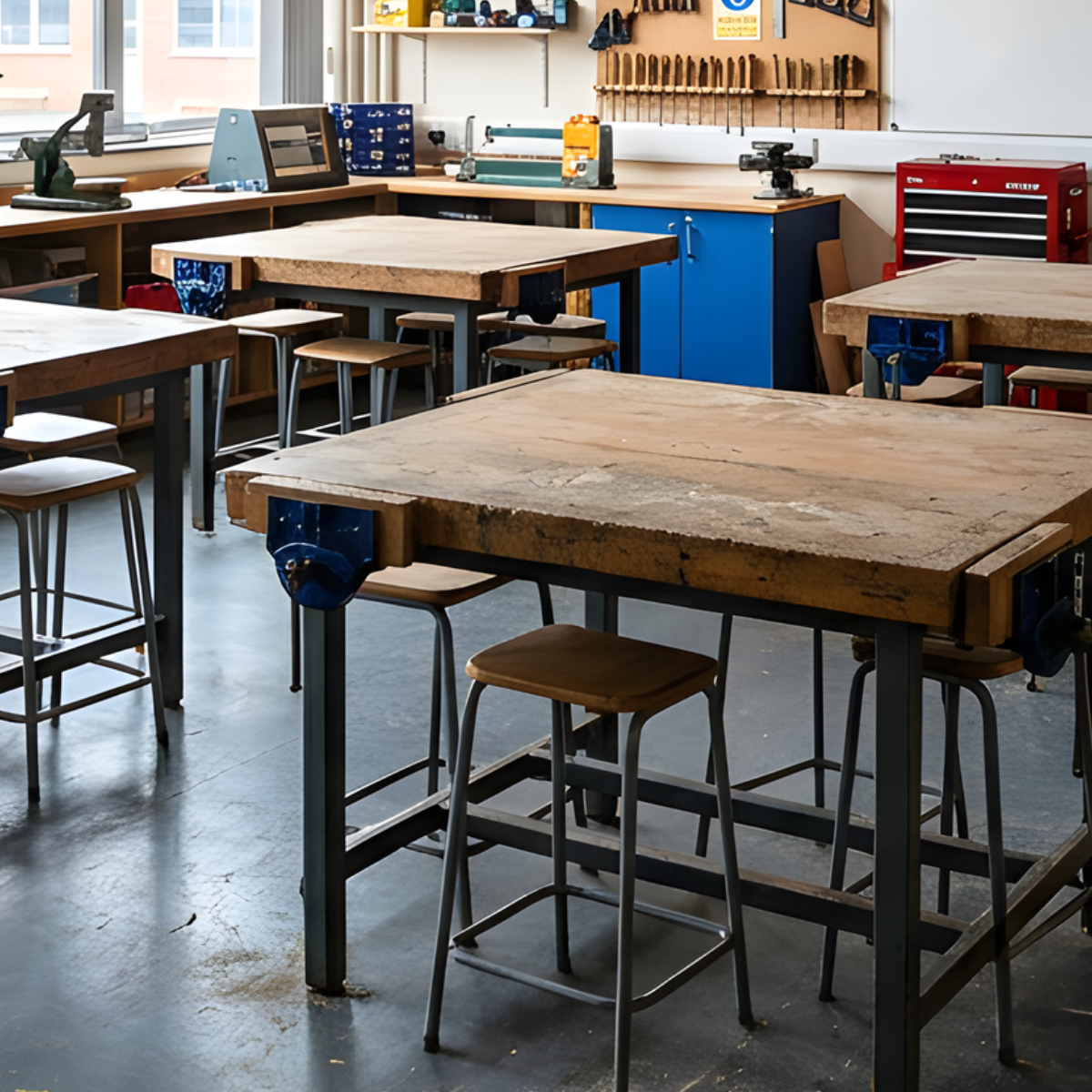 Empty Design and Technology workshop with workbenches, tools and equipment ready for practical learning