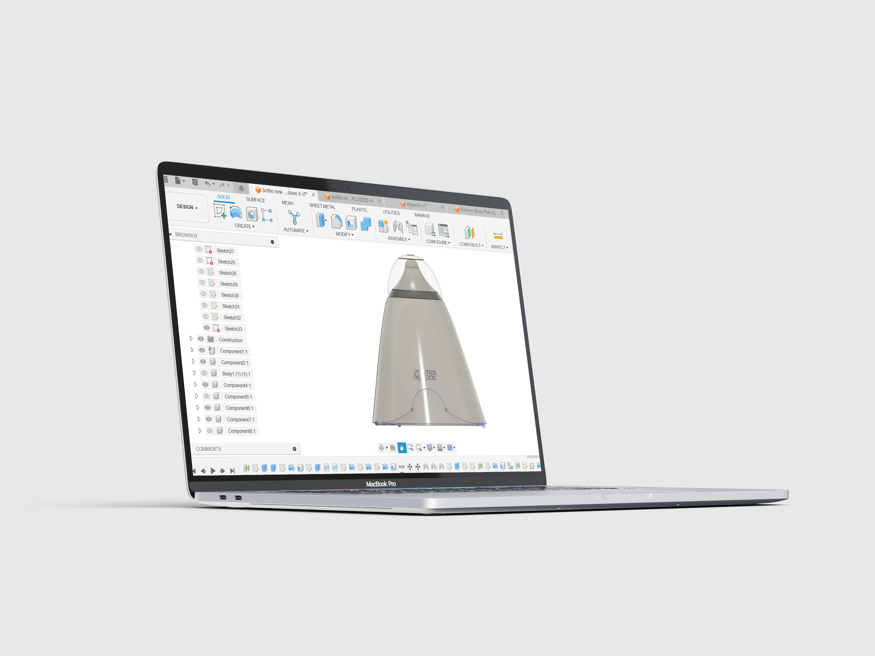 CAD model of product design displayed on laptop using Fusion software