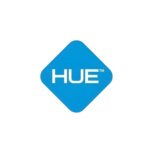 HUE logo displayed in white text inside a blue diamond shape.