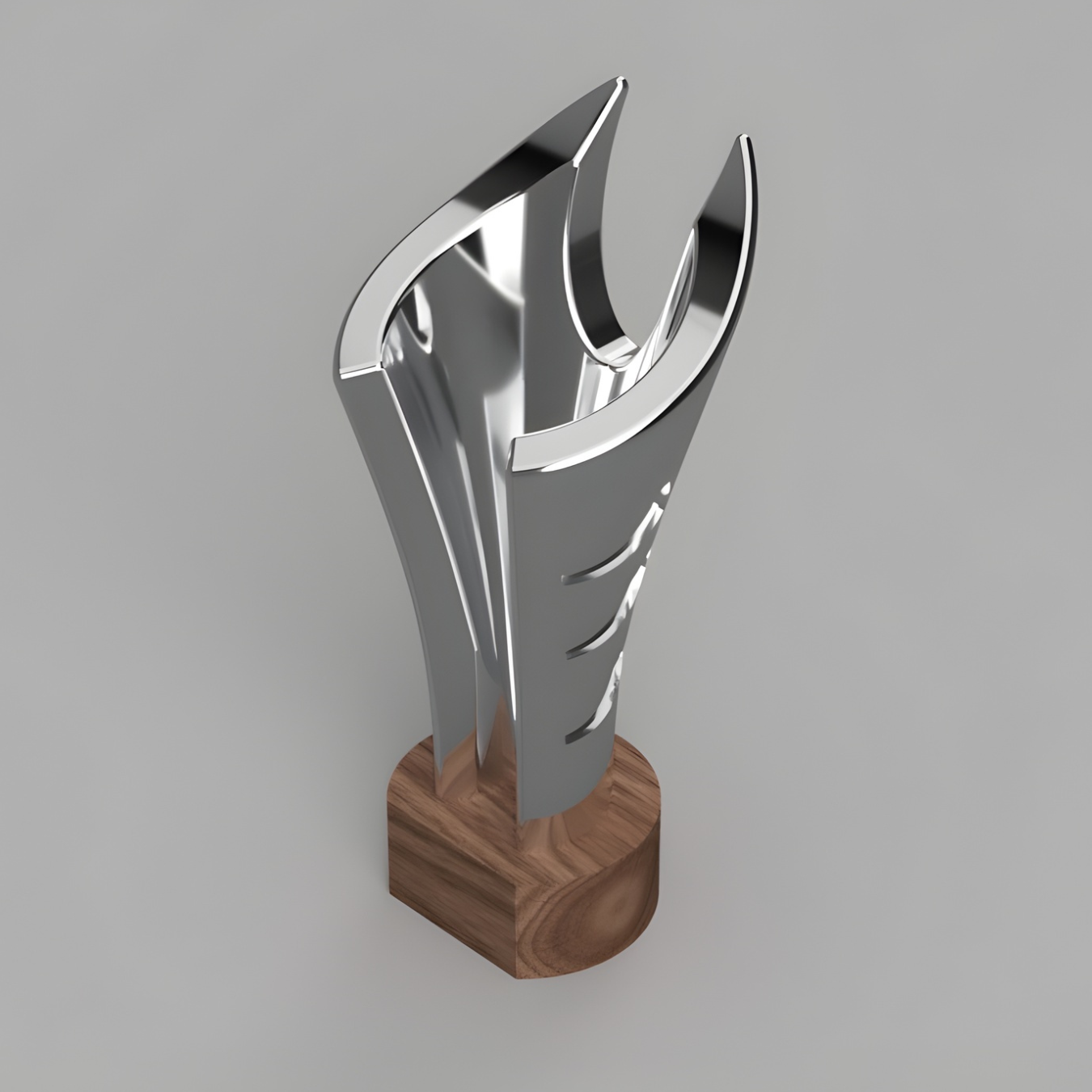 3D rendered trophy design featuring a curved metallic form mounted on a wooden base, showing a contemporary geometric structure