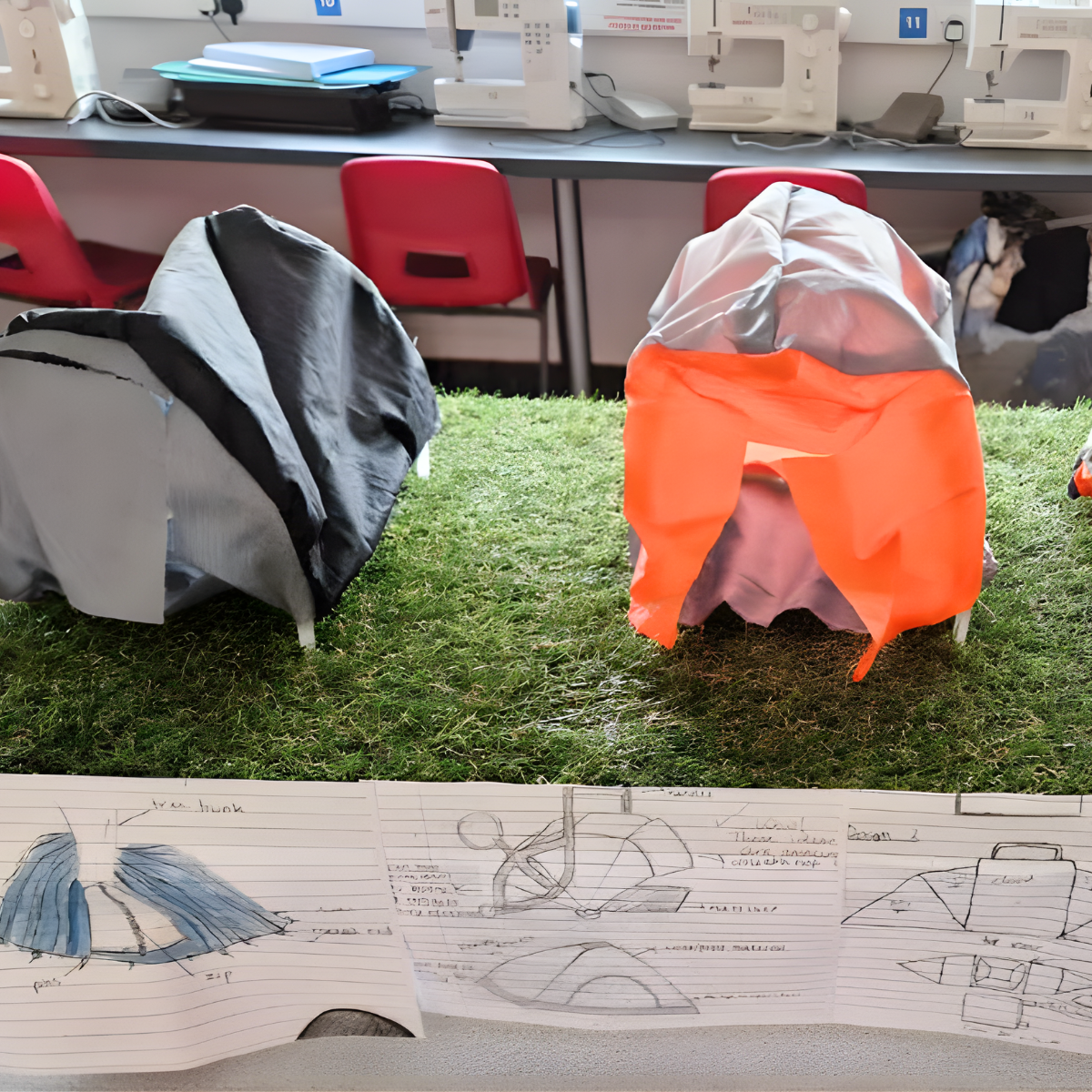 Student shelter prototypes using fabric coverings over structured frames, displayed on a grass base with annotated design sketches in a D&T classroom