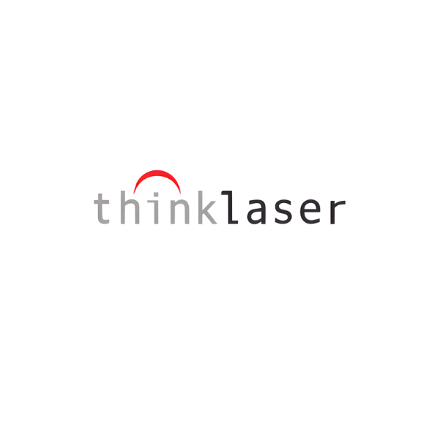 Thinklaser logo featuring grey lowercase text with a red arc above the word “think”.