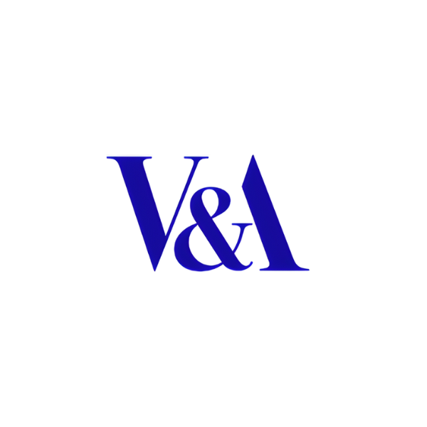 V&A logo in blue featuring stylised letters “V and A”.