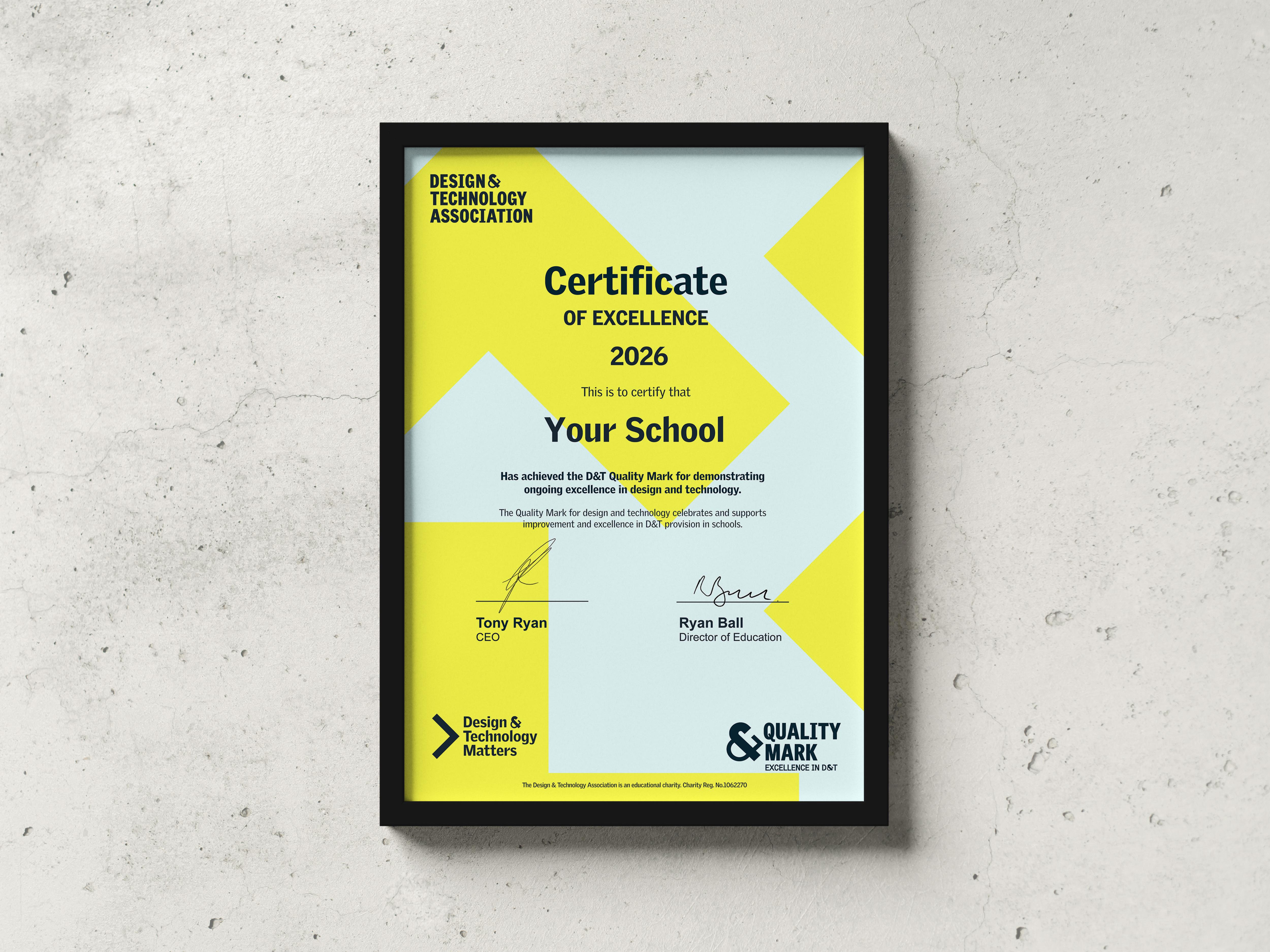 Framed certificate of excellence for 2026 with yellow and grey design mounted on a wall