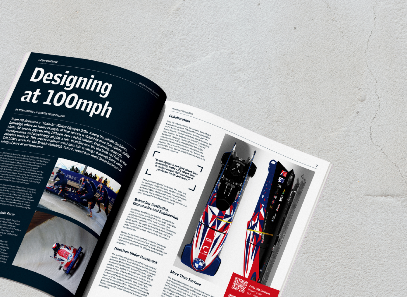 Open Designing magazine showing an article titled Designing at 100mph with images of a bobsleigh design