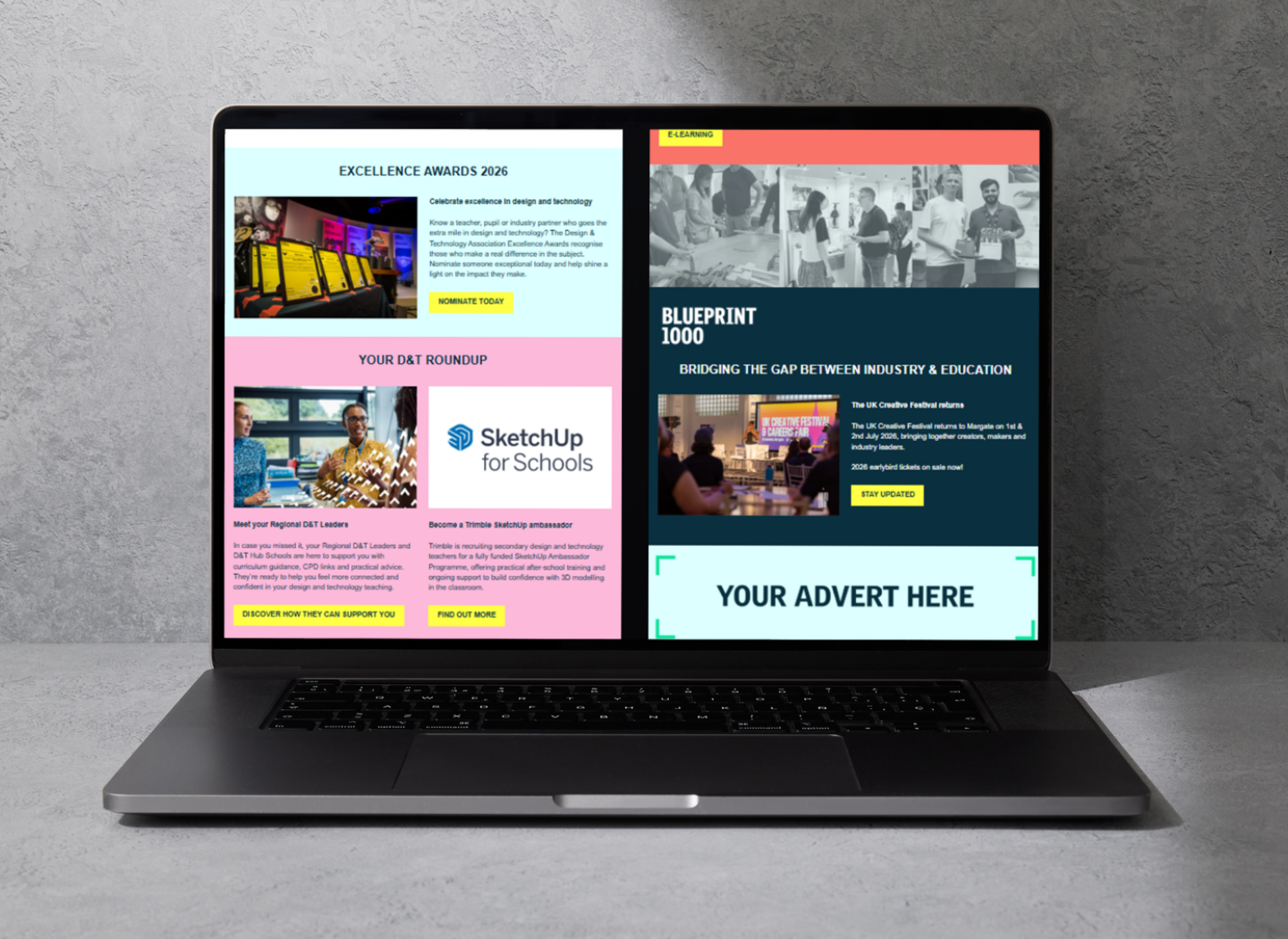 Laptop displaying the D&T Matters newsletter with content sections and an advert placeholder