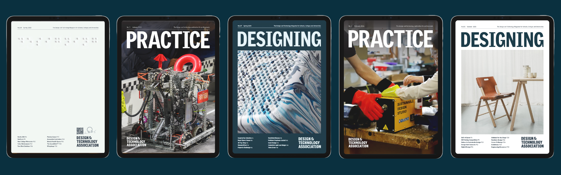 Five tablet screens displaying covers of Practice and Designing magazines