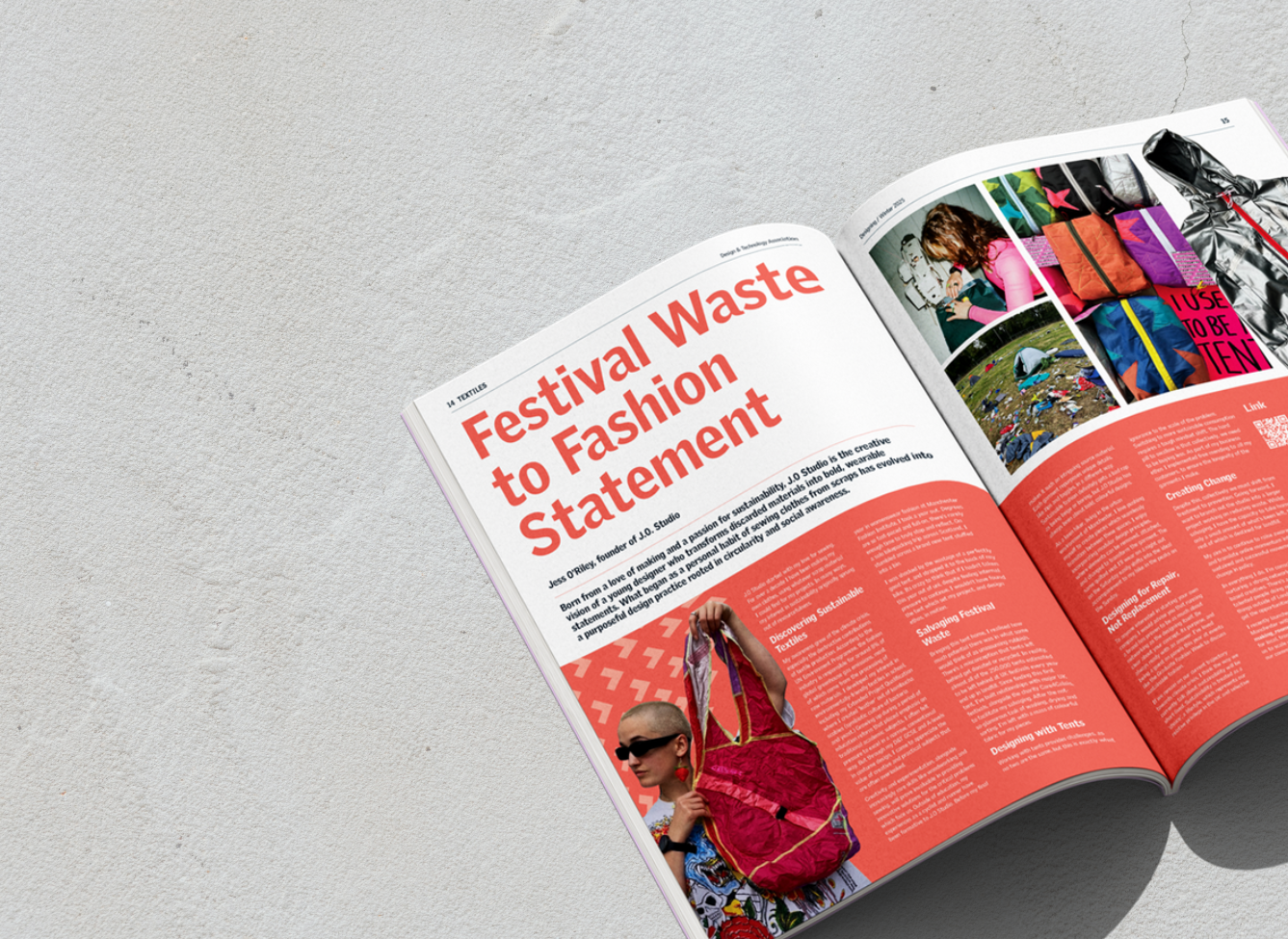 Open magazine displaying an article titled Festival Waste to Fashion Statement with images and text