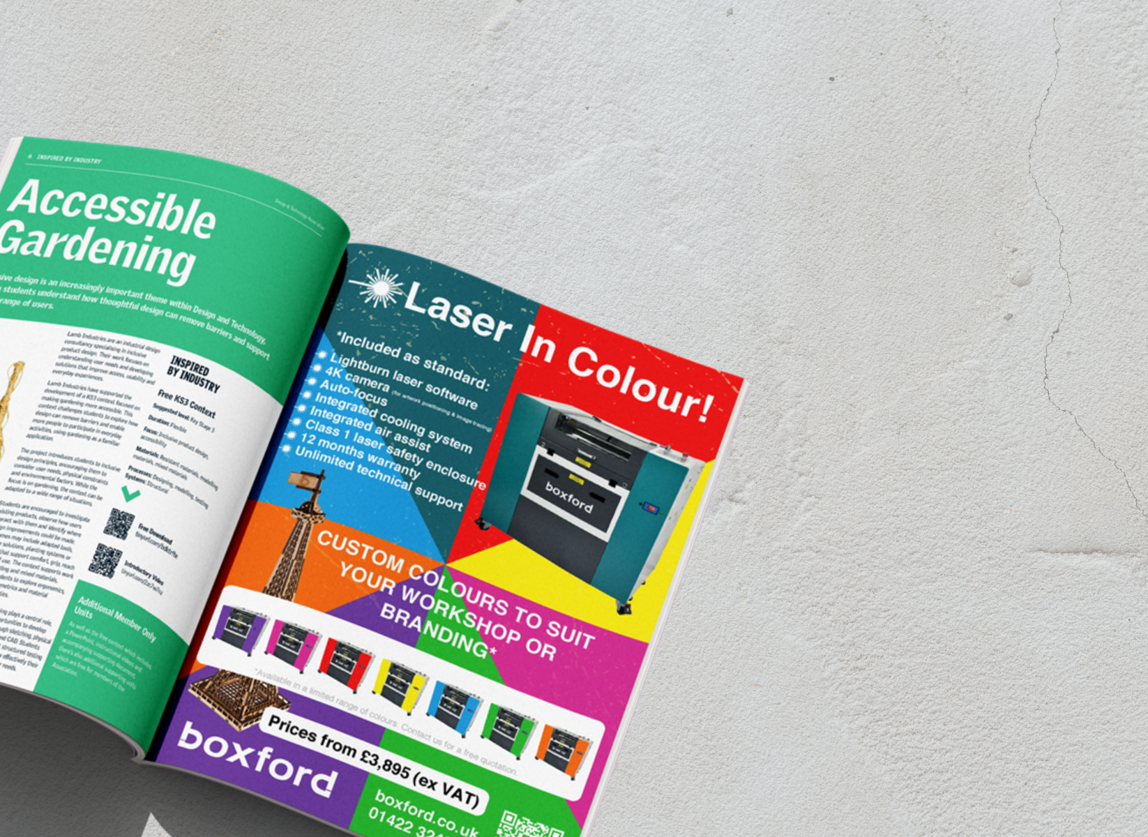 Open magazine showing an advertisement for a laser cutter alongside an article on accessible gardening