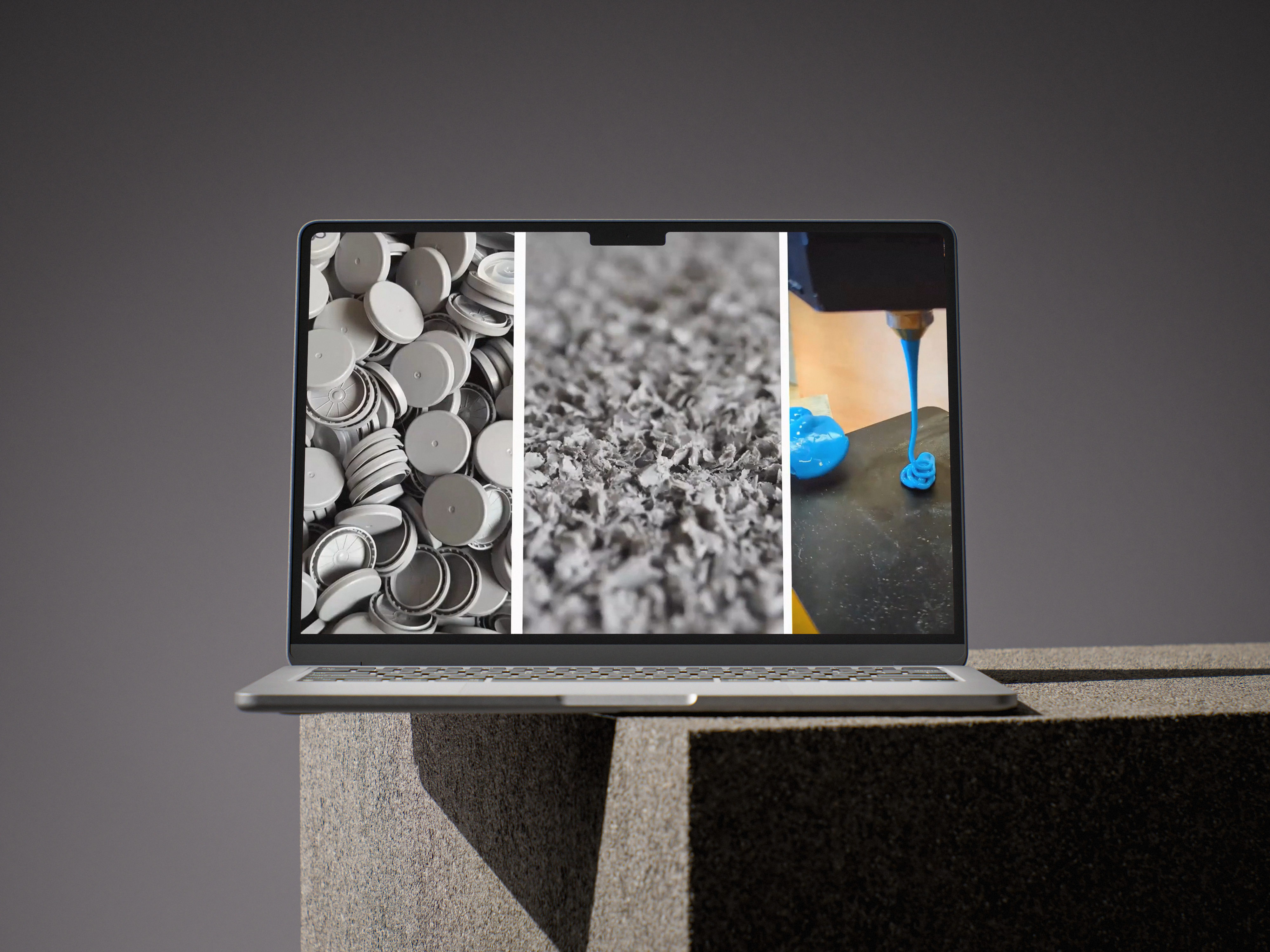 Laptop on a concrete surface displaying three images of plastic components, shredded material and extrusion process