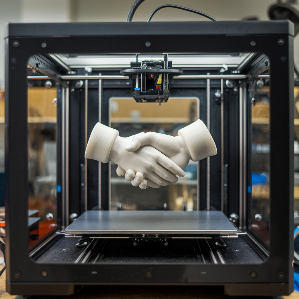 3D printer creating two hands shaking