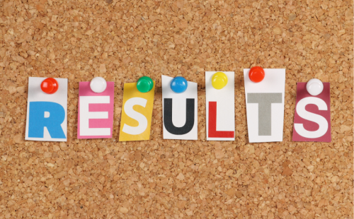 Cork board showing cut out letters spelling 'results'