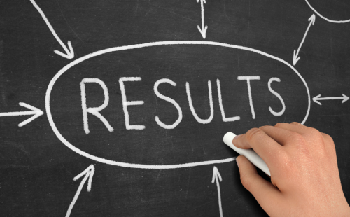 Blackboard with someone writing 'results' on it