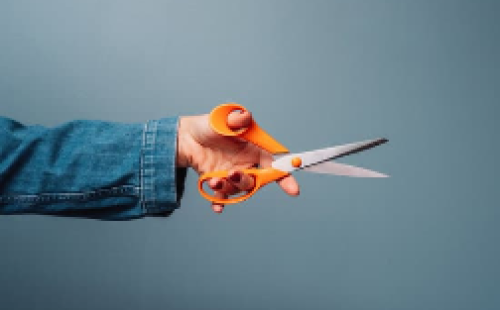 The image shows a person holding a pair of scissors in their hand.