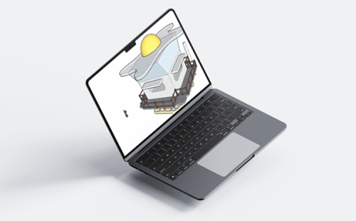 Laptop displaying a 3D CAD model of a designed product on screen
